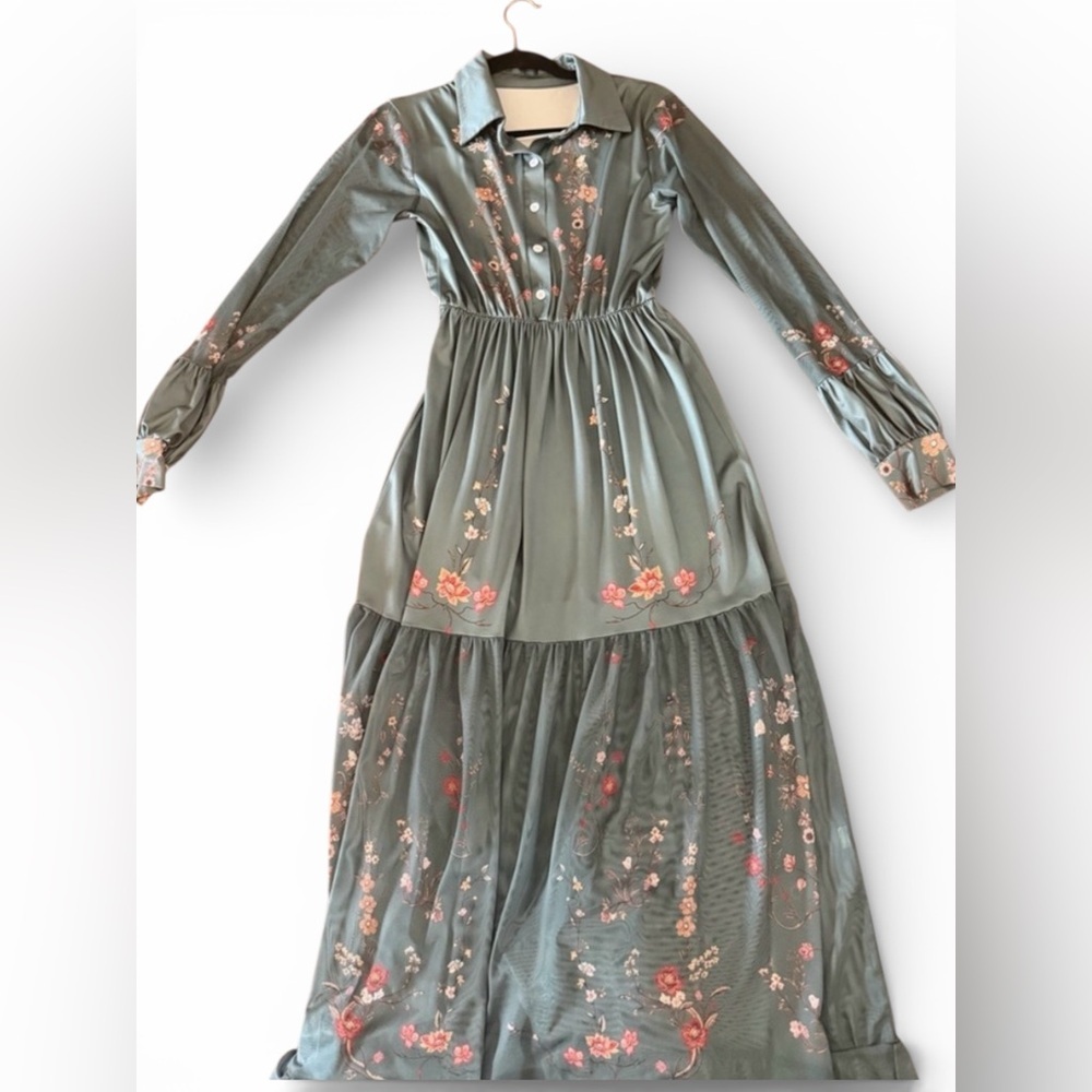 Floral Embroidered Sage Green Maxi Dress​ - Picture 2 of 5